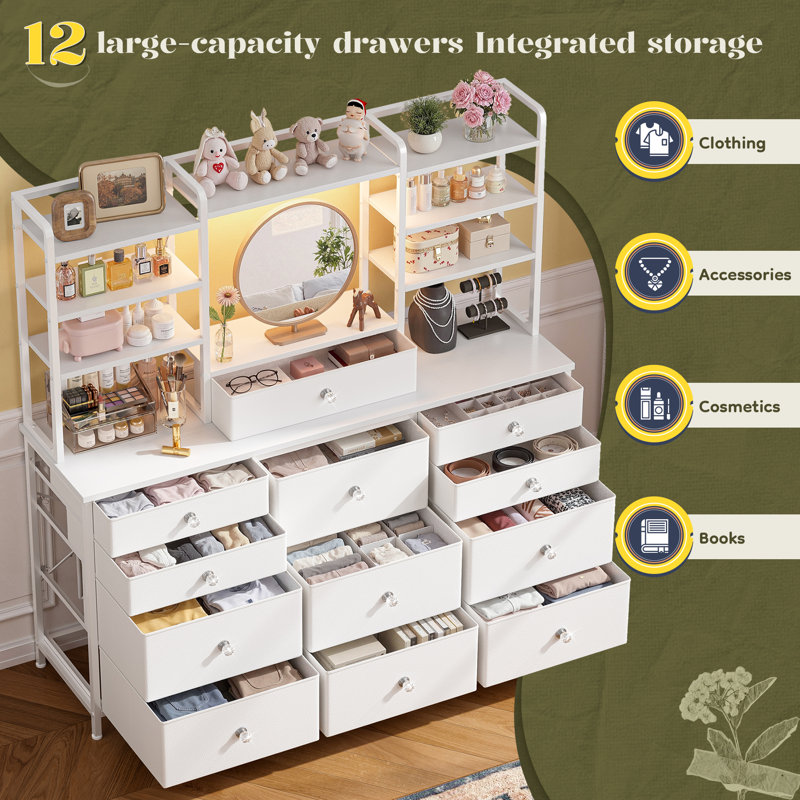 12-Drawer Fabric Storage Dresser with Makeup Vanity and LED Lighting for Bedroom Organization, White