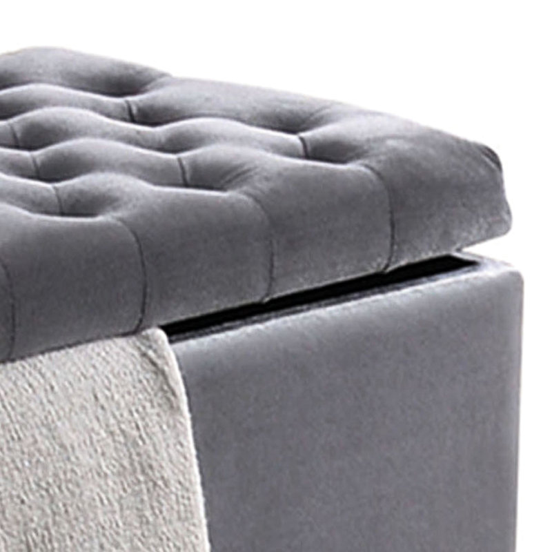Banc de chambre gris avec rangement relevable - Design pratique et chic en velours de luxe moderne