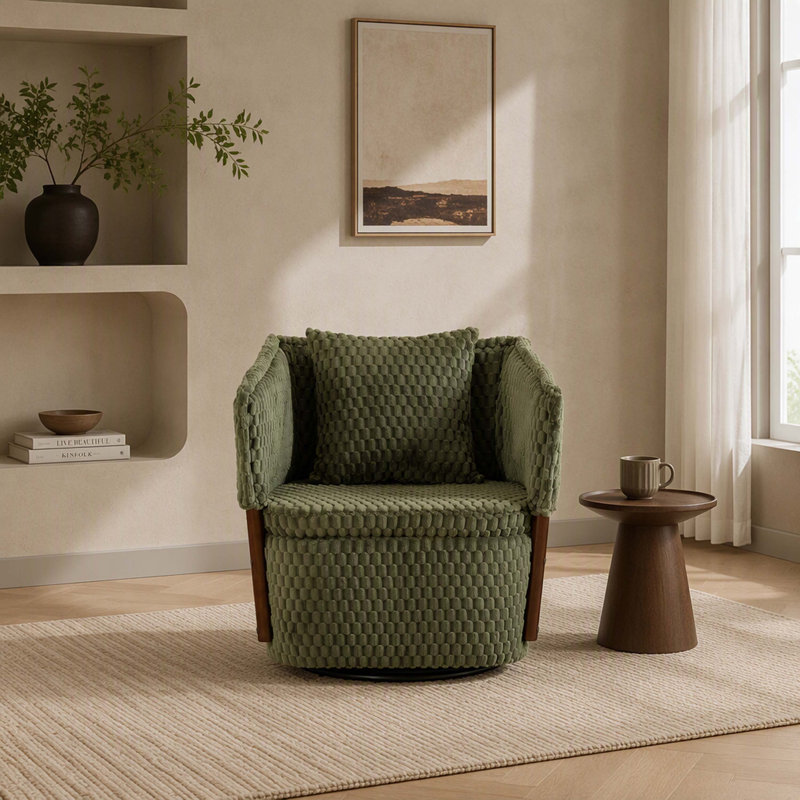Fauteuil pivotant à 360° de style moderne du milieu du siècle avec rangement, fauteuil de lecture rembourré avec structure en bois massif et coussin lombaire, pour salon, chambre et véranda