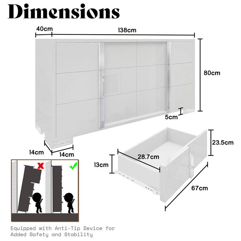 Modern High-Gloss 6-Drawer Double Dresser, White