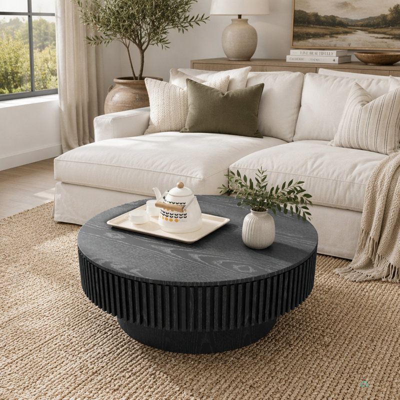 Table basse ronde ronde avec rangement Table d'appoint moderne en placage de bois massif pour table de salon, chambre à coucher, appartement ou bureau