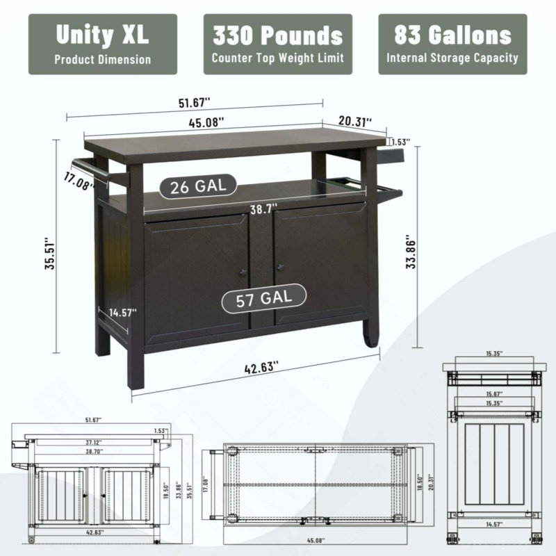 Armoire de rangement pour barbecue avec roulettes, table de barbecue en métal pour l'extérieur, Brun