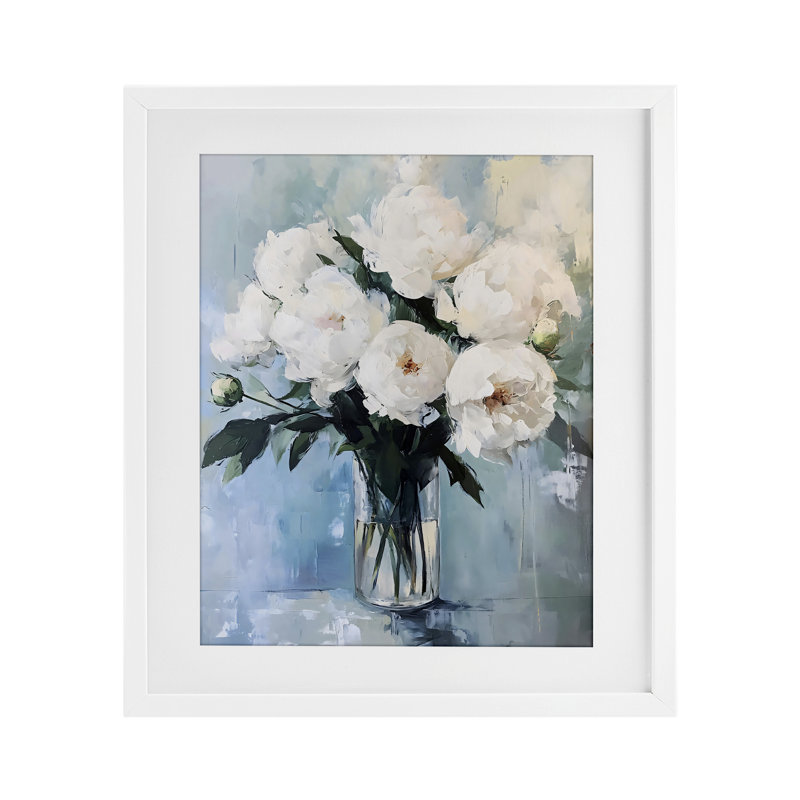 Vase de pivoines blanches, reproduction encadrée sous verre, design par LSR Creative Studio, H 16 po x l 13 po
