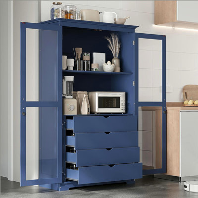 Armoire de rangement autoportante pour garde-manger avec portes en verre et 4 tiroirs intégrés