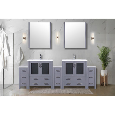 96 In. W Dark Grey Double Vanity For Bathroom With Side Cabinets,  Ceramic Top, 28 Mirrors And Faucet, Stain - Proof Surface Bath Width Stainless Steel