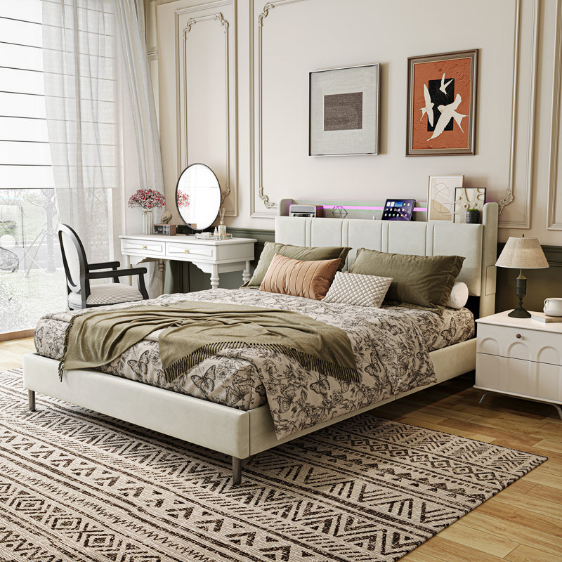 Upholstered Bed Frame with Charging Station & Headboard Storage, Hydraulic Lift-Up Base, EuropeanKingsize (160 x 200 cm)
