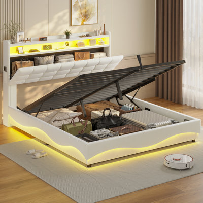 Lift Up Storage  Bed Frame With Charging Station And Hidden Storage Headboard, Led Lights Upholstered Platform Bed With Hydraulic Storage,