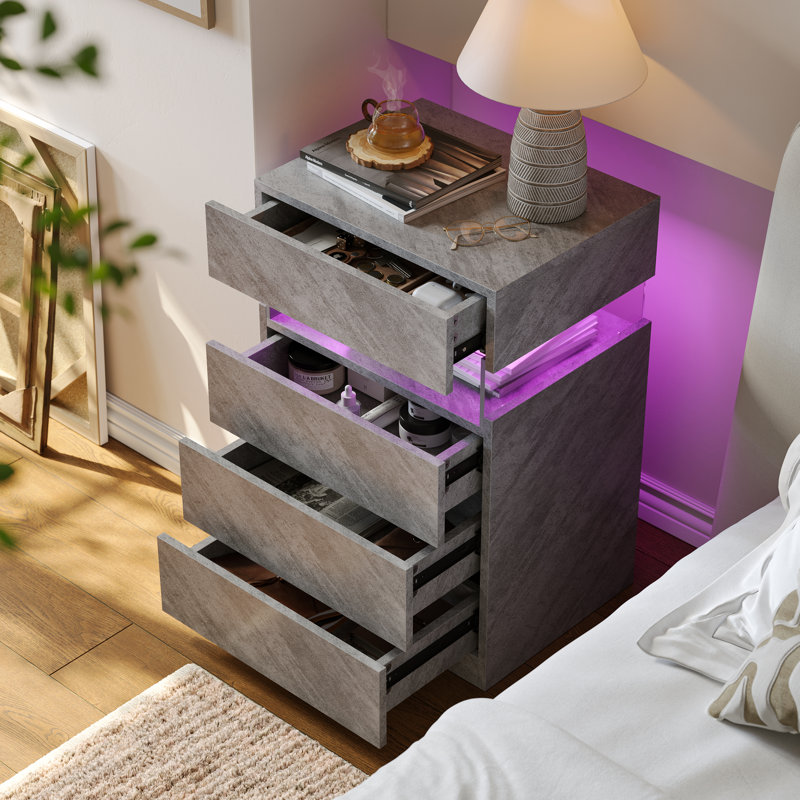 Led Nightstand With 4 Drawers - More Capacity Storage, Gray