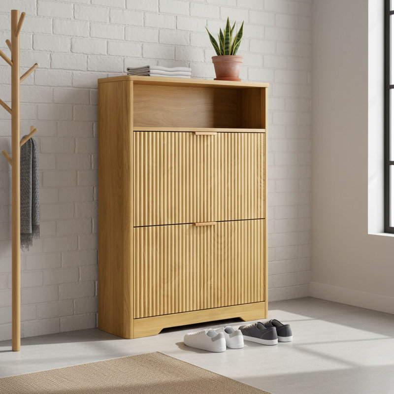 Flip-Door Shoe Cabinet, 31.6 inch Narrow Storage Organizer with 2 Hidden Compartments, Tall Free Standing Entryway Shoe Rack for Foyer and Hallway in Natural