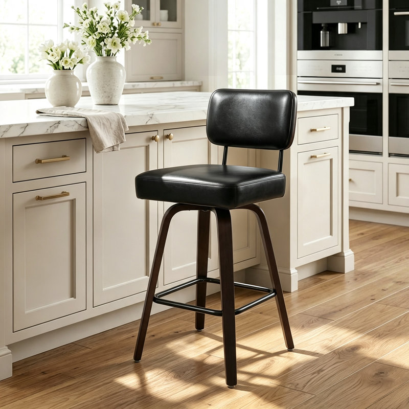 Tabouret de bar pivotant, tabourets de comptoir rembourrés de style moderne Mid-Century de 29 po avec dossier courbé et pieds en bois massif