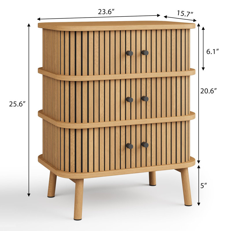 Fluted 3 Drawers Nightstand With Sliding Door