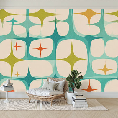 Peel and Stick Wallpaper 96" W x 69" H Modern Self Adhesive Wall Mural for Bedroom Retro Abstract Atomic Era Modern Texture Mid Century