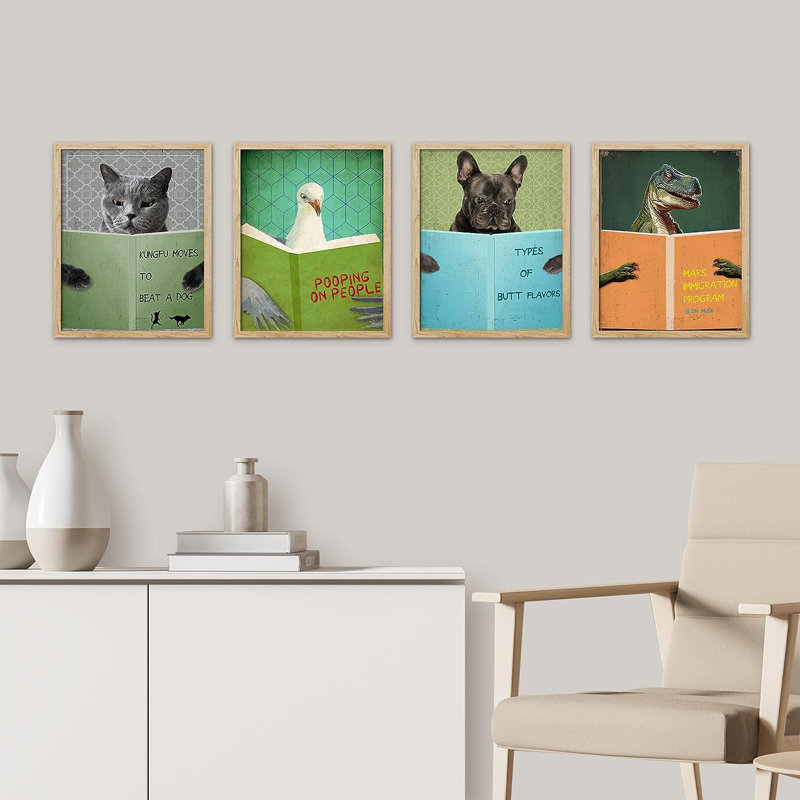 Chat, oiseau, dinosaure, chien, reproduction encadrée de 4 pièces, H 10 po x l 8 po x P 1 po, Encadré naturel