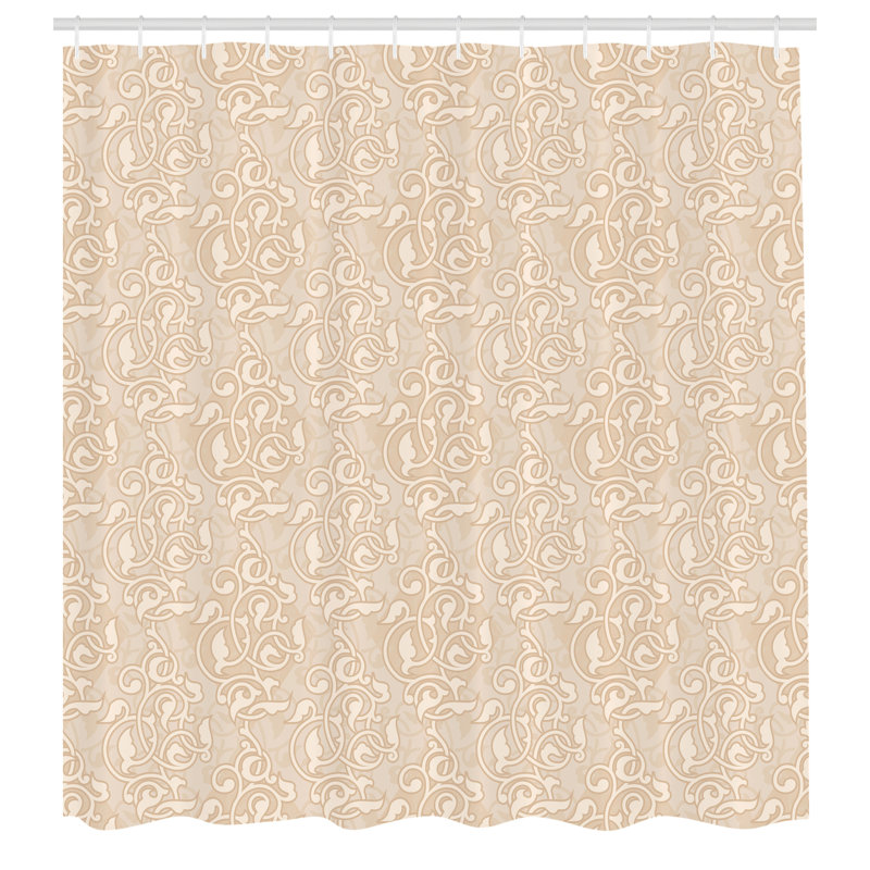 Beige Fabric Shower Curtain with Floral Patterns and Hooks