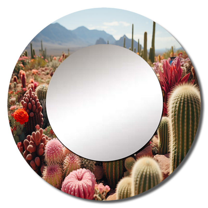 «Green Cactus Field II» - miroir mural décoratif cactus, miroir rond traditionnel, impression d'art en métal, 29 po x 29 po