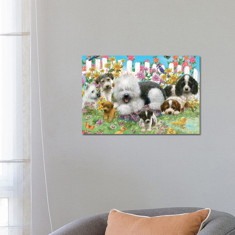 Picket Fence Pups - Wrapped Canvas Painting, 66.04 cm H x 45.72 cm W x 3.175 cm D