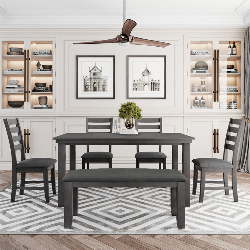Dining Room Table and Chairs with Bench, Rustic Wood Dining Set, Set of 6, Grey, Grey