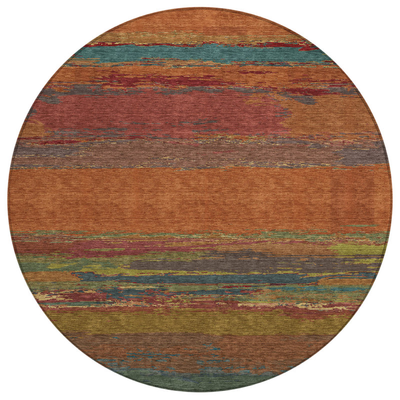 96'' Terracotta and Beige Synthetic Round Washable Rug