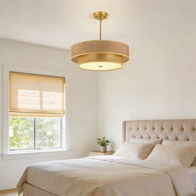 3-Light Gold & Natural Rattan Drum Pendant Light, Adjustable Height Chandelier