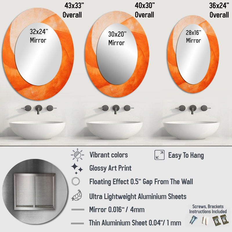 Tangerine Twist Spriral I - Grand miroir mural ovale sur métal, 40 po x 30 po