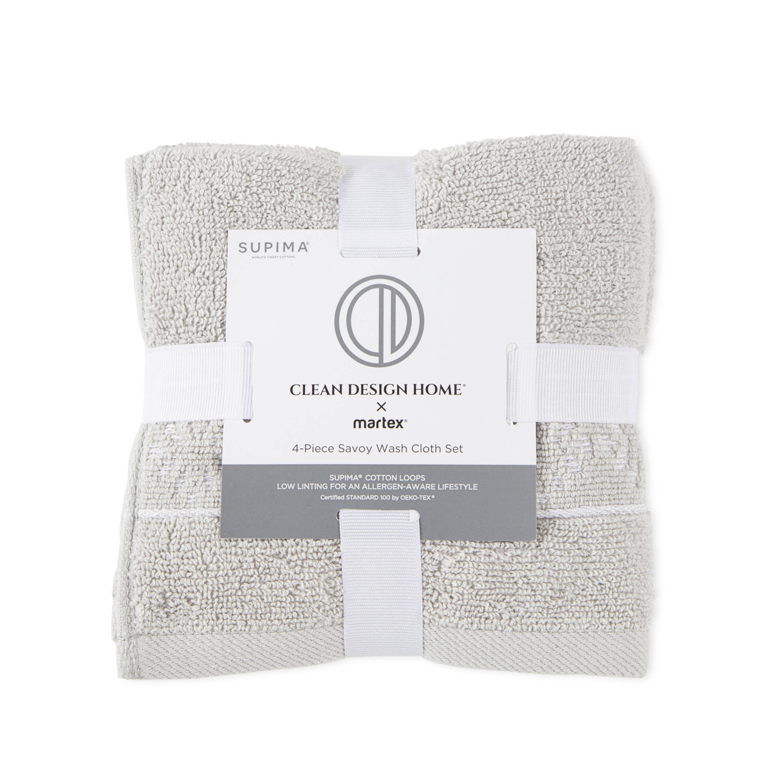 Clean Design Home x Martex Savoy Anti-Allergen 100% Cotton Washcloth Set, Gray