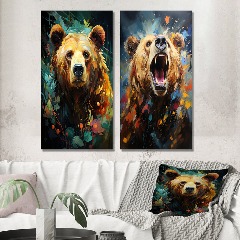 Ensemble de 2 décorations murales en métal Expressionist Grizzly Bear Vigor, H 32 po x l 32 po