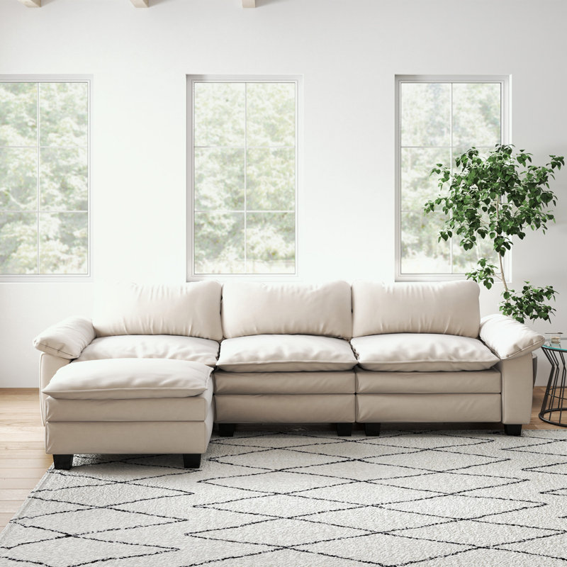 Canapé modulaire rembourré en velours avec repose-pieds, Beige