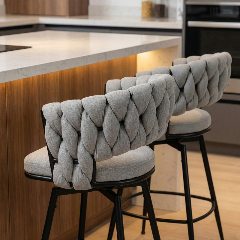 28" Grey Linen Swivel Bar Stools With Black Legs – Set Of 2, Counter Height With Back & Footrest