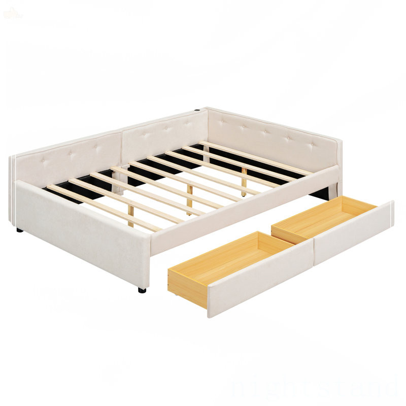 Lit plateforme double tapissier avec USB et 2 tiroirs, Double