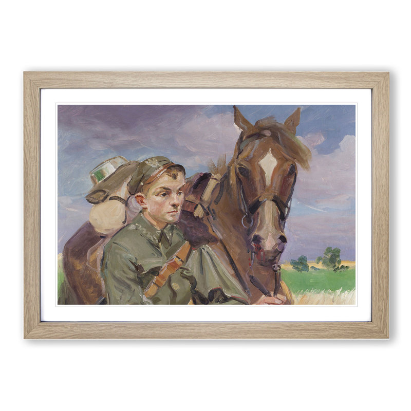 A Soldier with a Horse by Wojciech Kossak - Picture Frame Painting, 48cm H x 65cm W x 2cm D, Oak Framed