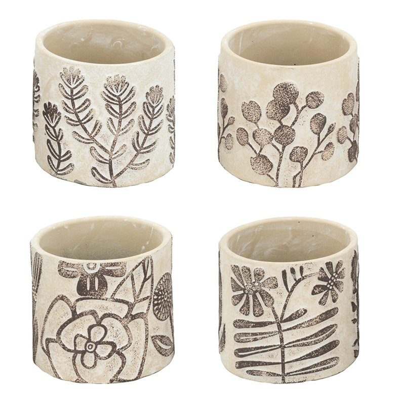 4 pots de sable et ciment gris, motifs botaniques bruns, pot de fleurs bohémien, caractéristiques, intérieur