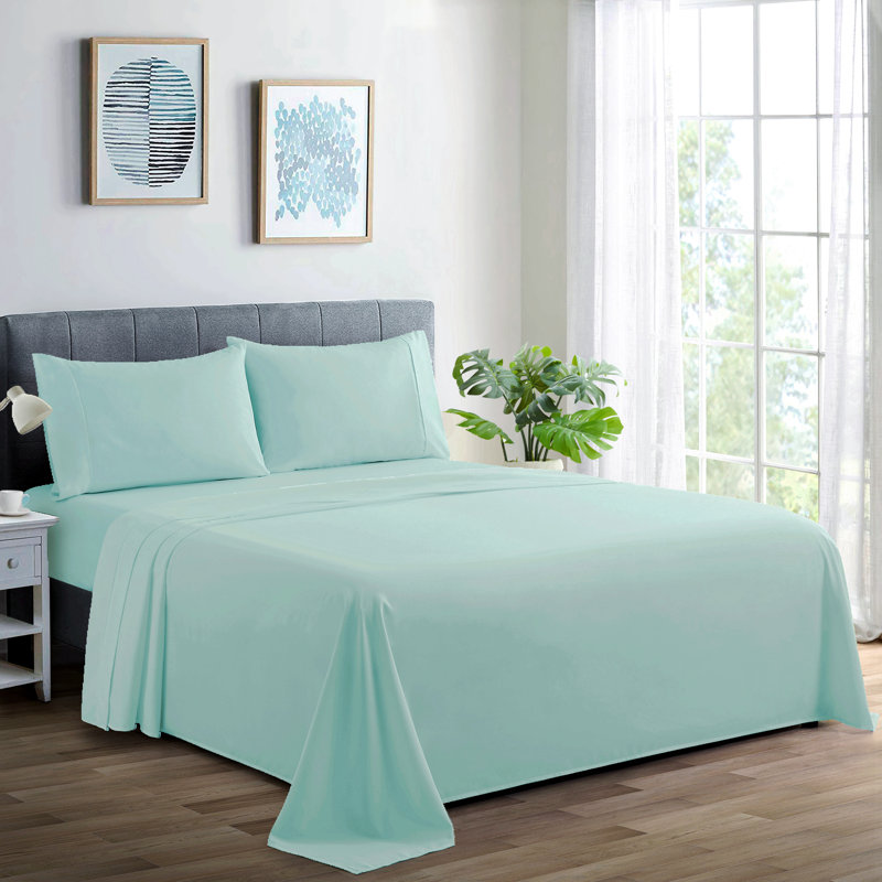 Ensemble de draps en coton 4 pièces avec 2 taies d'oreiller en coton pour toute la saison 4 pièces Marina, Turquoise