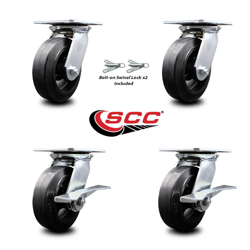 6 Inch Rubber on Steel Swivel Caster Set 2 Swivel Locks 2 Brakes Service Caster