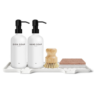 Kitchen Soap Dispenser Set: 17oz Glass Dish And Hand Soap Dispenser With Stainless Steel Pump, Instant Dry Tray, Dish Brush & Sponge, Refillable Countertop Sink Decor For Kitchen & Bath, White-Black