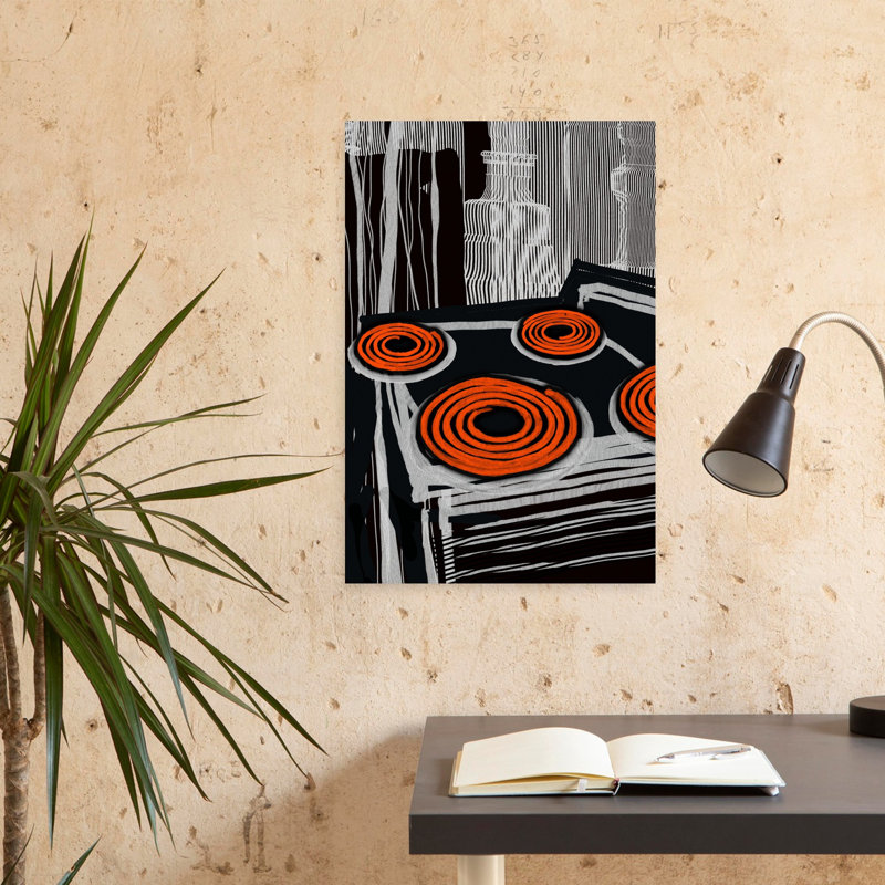 «Orange Stovetop Spirals», art mural abstrait contemporain audacieux, H 24 po x l 16 po