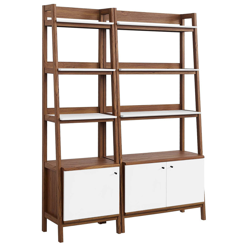 Walnut White Tiered Wood Bookshelves with Concealed Storage