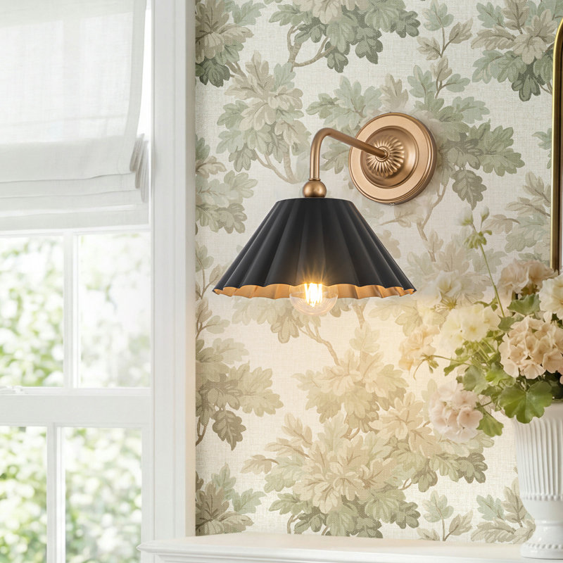 Dimmable Steel Armed Sconce With Pleated Scalloped Shade