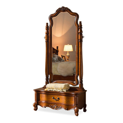 American-Style Vintage Oak Full-Length Mirror With Drawers