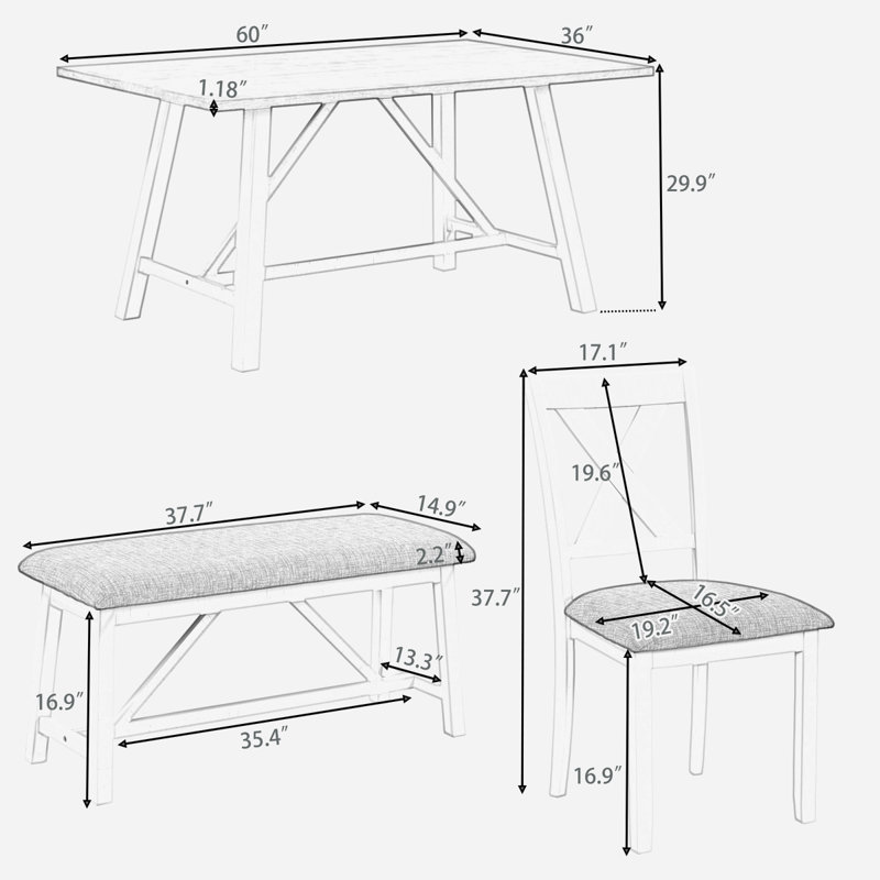 Ensemble de table de salle à manger en bois avec table, banc et 4 chaises Crescenzo, Blanc / gris