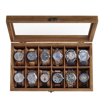 Watch Box, 12-Slot Solid Wood Watch Case Organizer With Glass Lid, Display Case With Removable Pillows, Gift For Loved Ones