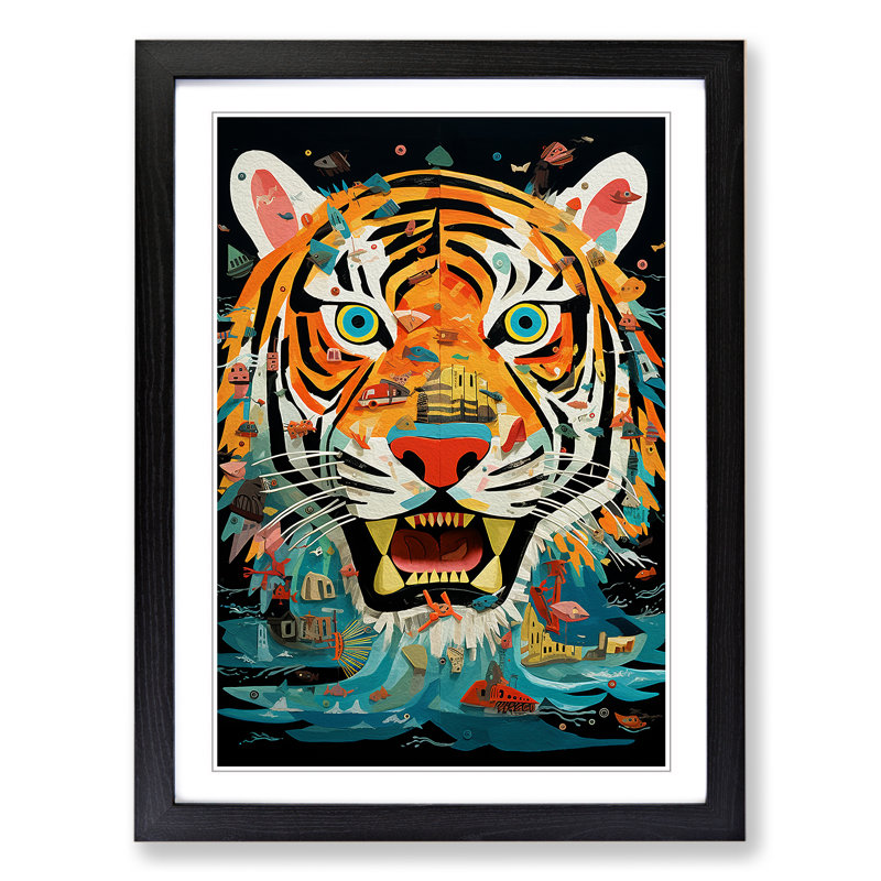 Tiger Dadaism - Single Picture Frame Print on Wood, Black, 34cm H x 25cm W x 2cm D