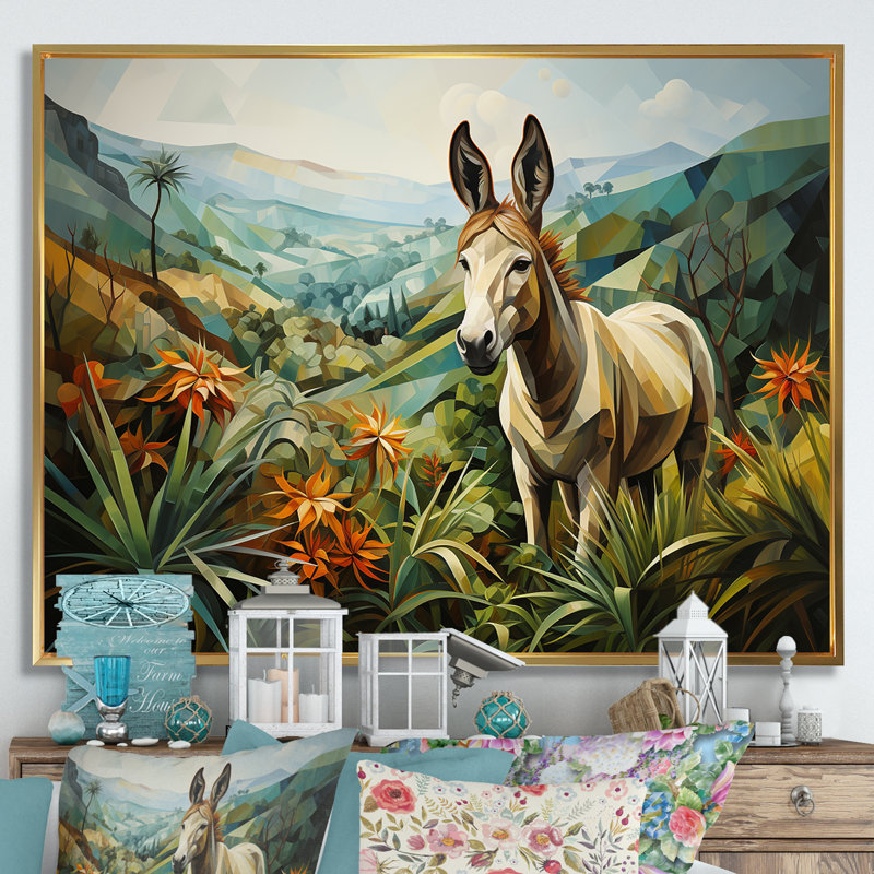 "Horizon d'âne campagne VI" - art mural âne, L 30 po x H 40 po x P 1,5 po, Cadre flottant doré