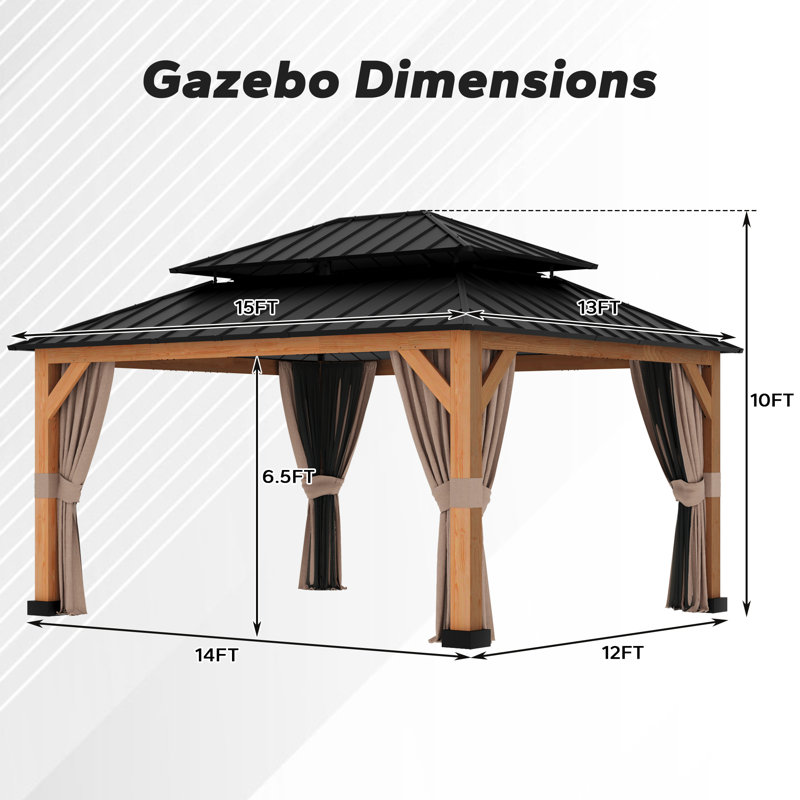 15 Ft. W x 13 Ft Aluminum Hardtop Patio Gazebo with Mosquito Netting & Privacy Curtains – Weather-Resistant Outdoor Canopy for Backyard, Deck & Garden
