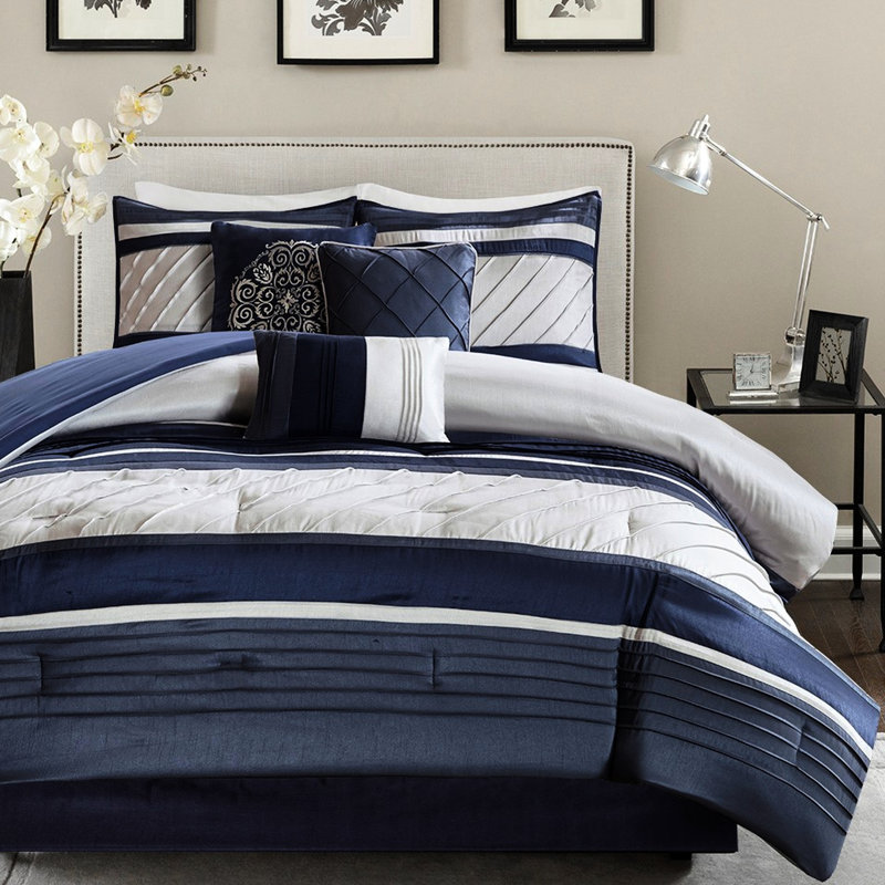 Édredon grand bleu marine 7 pièces - Fausse soie à motif, détails brodés, literie en soie lavable à l'année, rembourrage, toutes saisons, décoration de chambre mécanique
