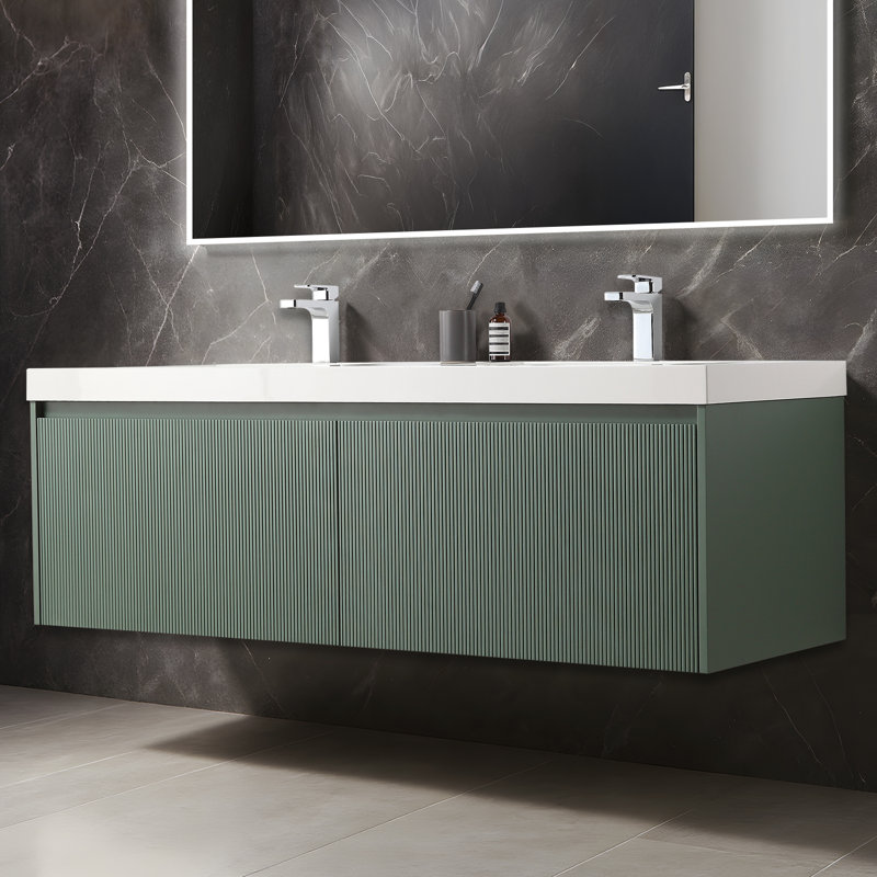 Annaliya 60" Floating Double Sink Bathroom Vanity – Wall-Mounted Wood Cabinet with Acrylic Top, Soft-Close Storage & Fluted Front Design