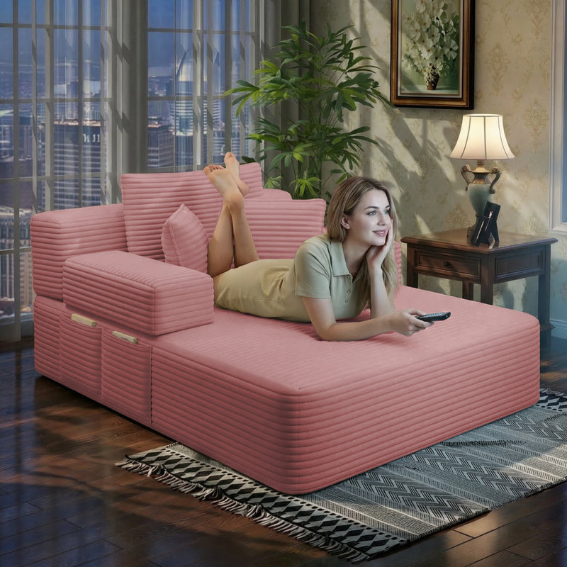 Canapé-lit convertible en méridienne à compression Corduroy avec poches de rangement et 3 coussins, canapé-lit moderne surdimensionné pour le salon, sans assemblage