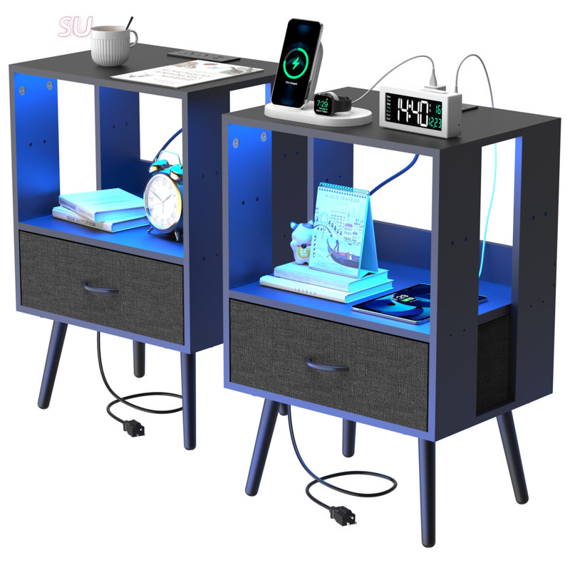 2 Pack Modern Nightstand With Charging Station, LED Light, And Adjustable Fabric Drawers For Enhanced Bedside Convenience