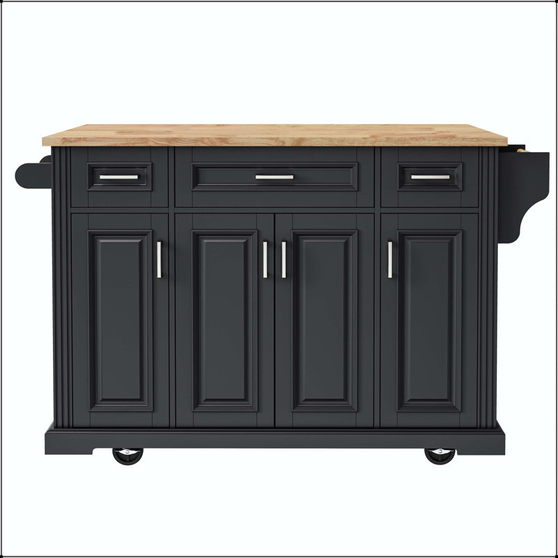 54" Large Kitchen Island with Rubber Wood Drop Leaf and Embossed Texture – Black, Black