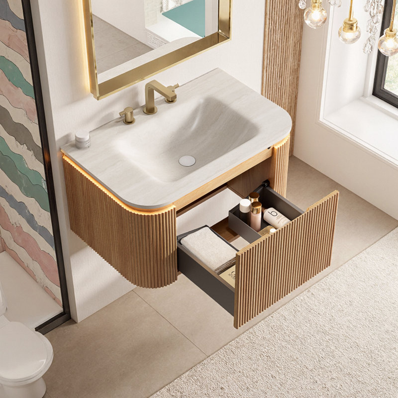 Meuble-lavabo flottant avec lumière à capteur et motif de travertin intégré, 30''