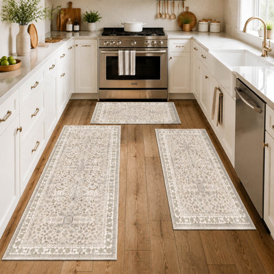 3 Piece Boho Kitchen Rug Set with Washable Non Slip Mats